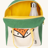 luf zip fox lunch bag inside lining in yellow with a bottle packed inside Outside is a white and green bag with a design of a fox's head on the bottom with a yellow handle and zip detail on a cream background.