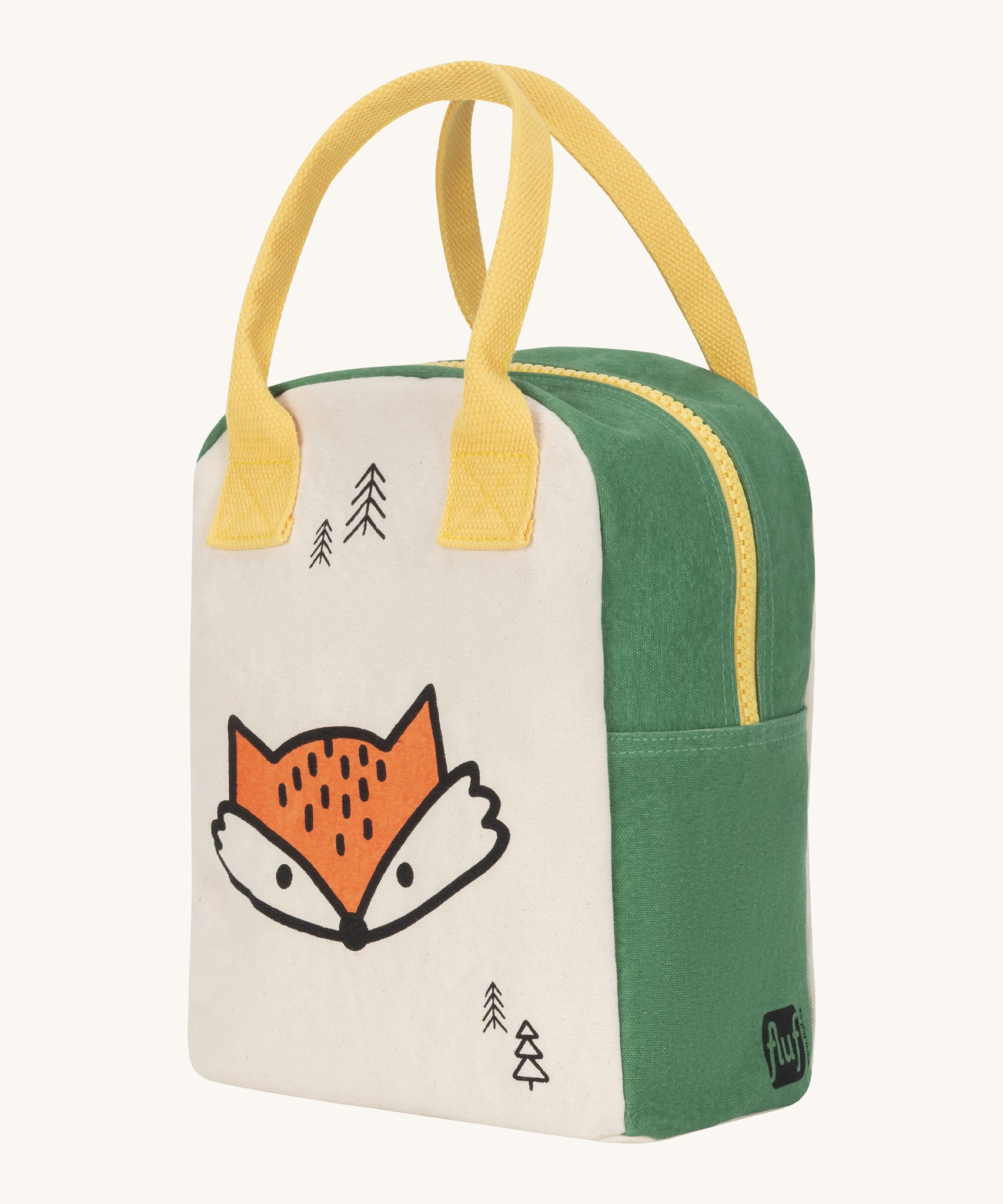 Fluf zip lunch bag in white and green with a design of a fox's head on the bottom with a yellow handle and zip detail on a cream background.