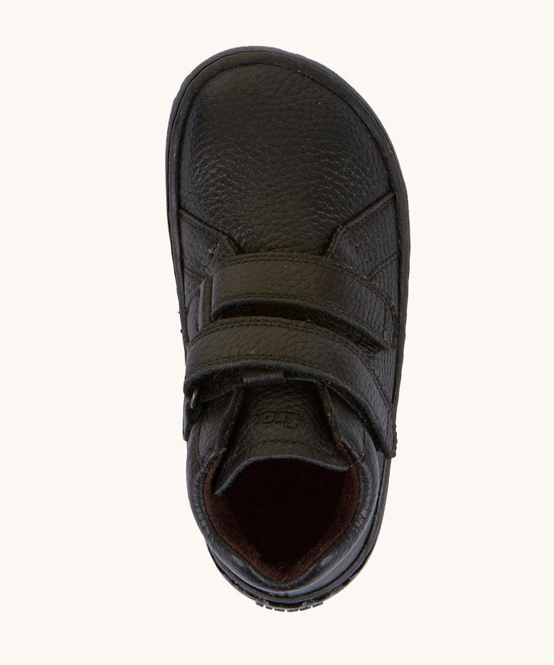 A top down image of a Froddo barefoot Autumn children's shoe in black available at Babipur showing the 2 velcro fastener for a secure fit and insole detail.