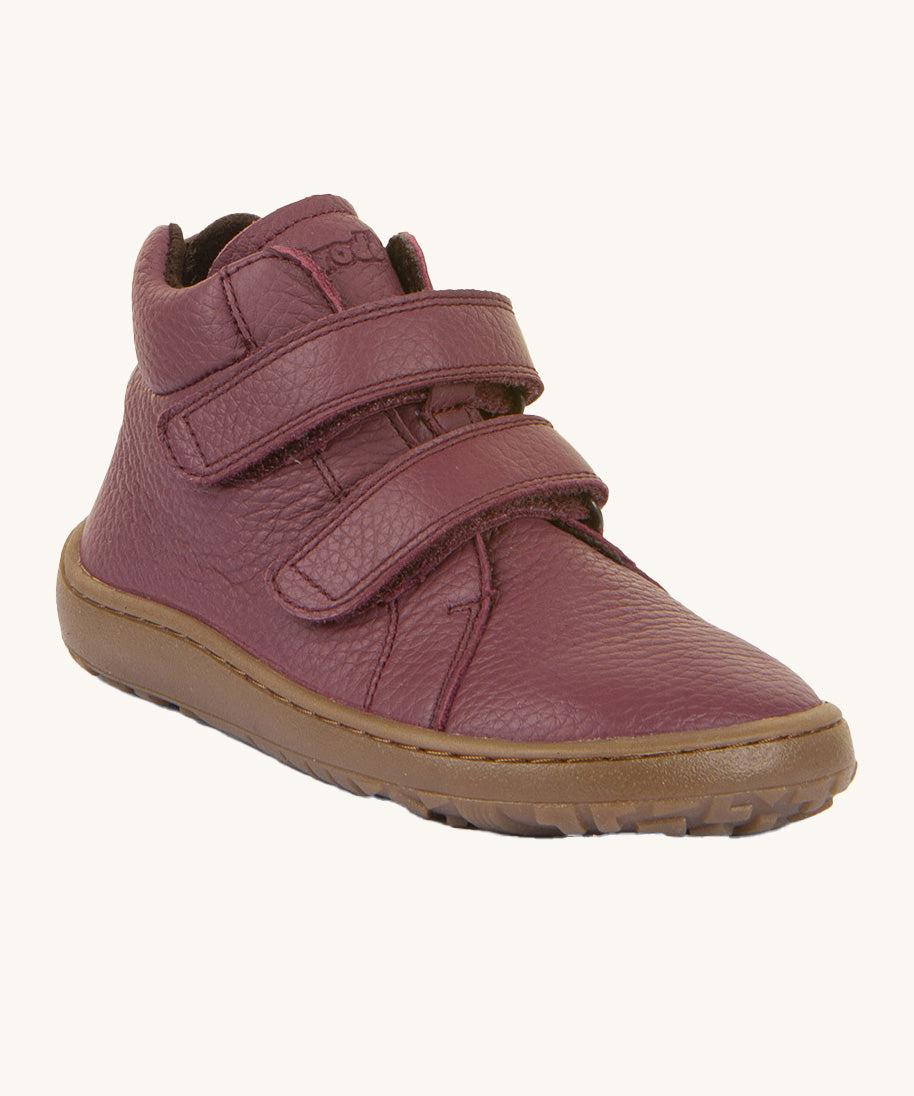 Froddo barefoot Autumn children's shoe in bordeaux. A dark purple natural leather shoe with a 2 velcro fastener for a secure fit, padded ankle and a dark brown grippy sole