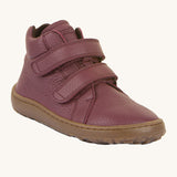Froddo barefoot Autumn children's shoe in bordeaux. A dark purple natural leather shoe with a 2 velcro fastener for a secure fit, padded ankle and a dark brown grippy sole