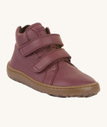 Froddo barefoot Autumn children's shoe in bordeaux. A dark purple natural leather shoe with a 2 velcro fastener for a secure fit, padded ankle and a dark brown grippy sole