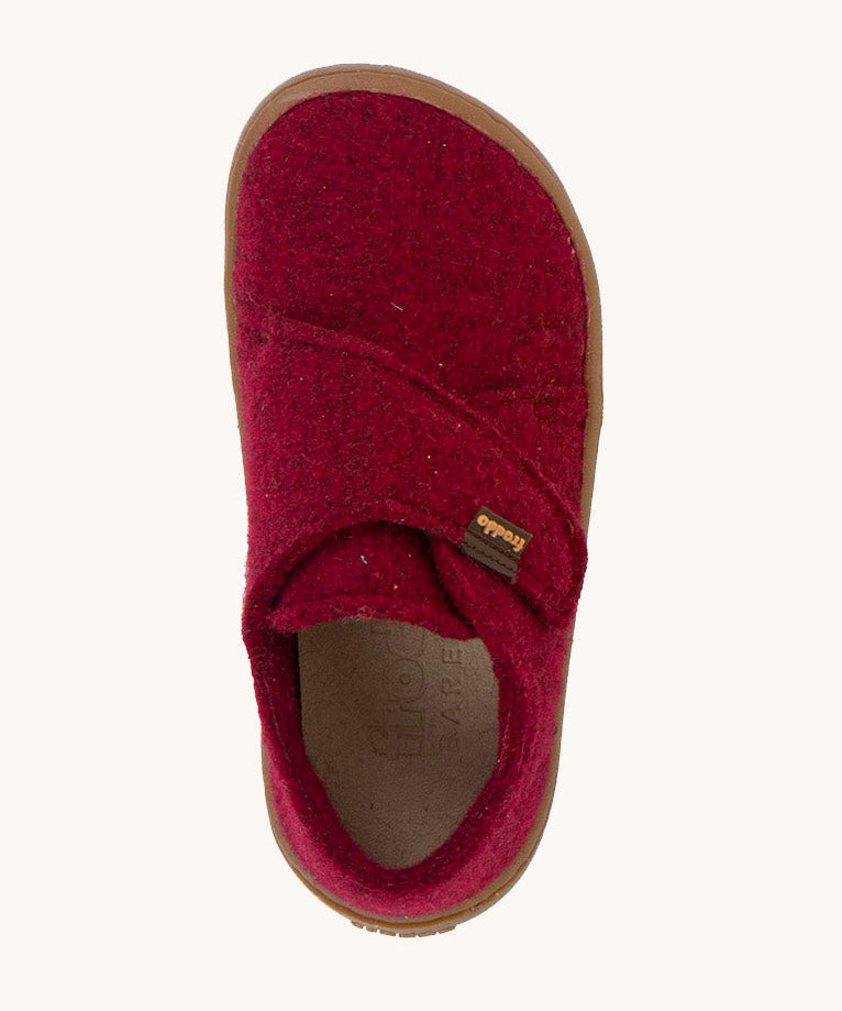 A top down image of the Froddo barefoot wooly children's shoe in Bordeaux available at Babipur showing the velcro fastener and insole detail