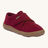 Froddo barefoot wooly children's shoe in Bordeaux. A dark red natural wooly shoe with a velcro fastener for a secure fit and a dark brown grippy sole