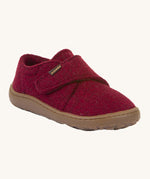 Froddo barefoot wooly children's shoe in Bordeaux. A dark red natural wooly shoe with a velcro fastener for a secure fit and a dark brown grippy sole
