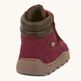 The back of the Froddo barefoot Zuru tex children's shoe in Bordeaux available at Babipur showing the padded ankle support and the dark brown grippy sole detail