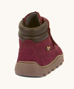 The back of the Froddo barefoot Zuru tex children's shoe in Bordeaux available at Babipur showing the padded ankle support and the dark brown grippy sole detail