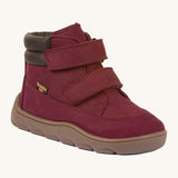 Froddo barefoot Zuru tex children's shoe in Bordeaux. A dark purple natural leather shoe with a 2 velcro fastener for a secure fit, padded ankle and a dark brown grippy sole