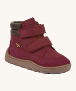 Froddo barefoot Zuru tex children's shoe in Bordeaux. A dark purple natural leather shoe with a 2 velcro fastener for a secure fit, padded ankle and a dark brown grippy sole