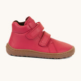 A side image of a Froddo barefoot Autumn children's shoe in dark red available at Babipur showing the 2 velcro fastener padded ankle support and the dark brown grippy sole detail