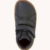 A top down image of a Froddo barefoot Autumn children's shoe in dark blue available at Babipur showing the 2 velcro fastener for a secure fit and insole detail.