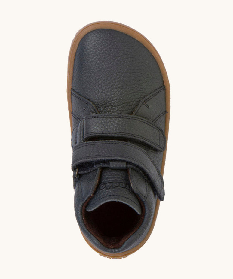 A top down image of a Froddo barefoot Autumn children's shoe in dark blue available at Babipur showing the 2 velcro fastener for a secure fit and insole detail.