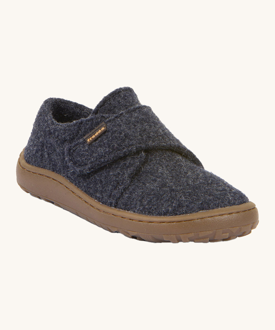 Froddo barefoot wooly children's shoe in dark blue. A natural wooly shoe with a velcro fastener for a secure fit and a dark brown grippy sole
