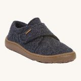 Froddo barefoot wooly children's shoe in dark blue. A natural wooly shoe with a velcro fastener for a secure fit and a dark brown grippy sole