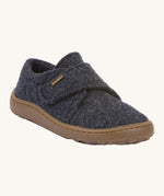 Froddo barefoot wooly children's shoe in dark blue. A natural wooly shoe with a velcro fastener for a secure fit and a dark brown grippy sole