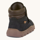 The back of the Froddo barefoot Zuru tex children's shoe in dark blue available at Babipur showing the padded ankle support and the dark brown grippy sole detail