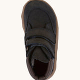 A top down mage of the Froddo barefoot Zuru tex children's shoe in dark blue available at Babipur showing the 2 velcro fasteners and inner sole detail