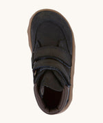 A top down mage of the Froddo barefoot Zuru tex children's shoe in dark blue available at Babipur showing the 2 velcro fasteners and inner sole detail