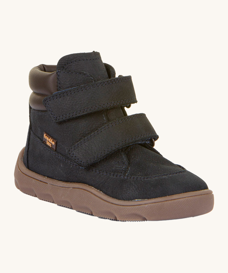 Froddo barefoot Zuru tex children's shoe in dark blue. A natural leather shoe with a 2 velcro fastener for a secure fit and a dark brown grippy sole