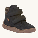Froddo barefoot Zuru tex children's shoe in dark blue. A natural leather shoe with a 2 velcro fastener for a secure fit and a dark brown grippy sole