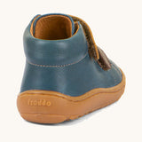 The back of the Froddo barefoot first step baby shoe in dark denim available at Babipur showing padded ankle support and brown grippy sole detail