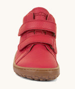 The front of the Froddo barefoot Autumn children's shoe in dark red available at Babipur showing the 2 velcro fastener detail