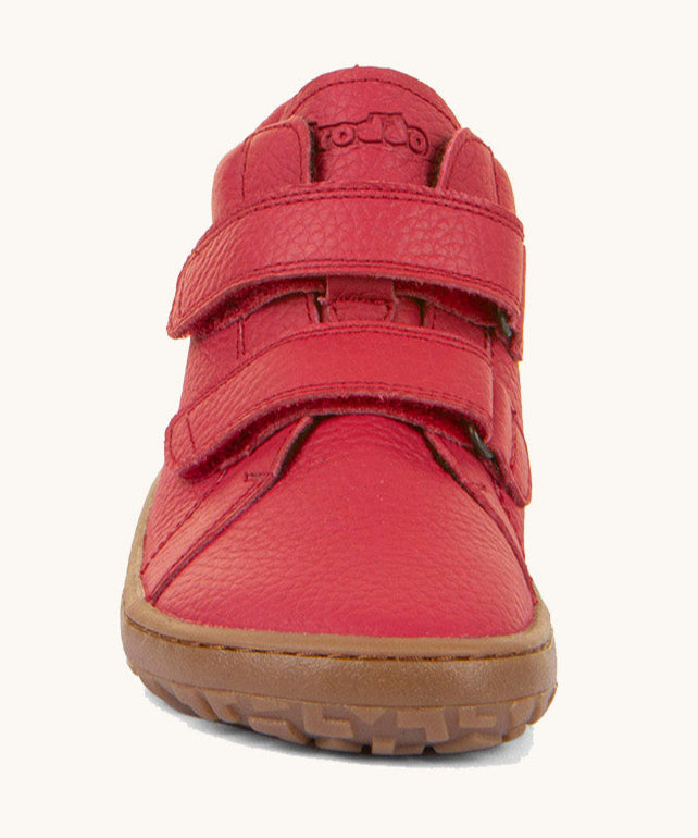 The front of the Froddo barefoot Autumn children's shoe in dark red available at Babipur showing the 2 velcro fastener detail