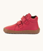 A side image of a Froddo barefoot Autumn children's shoe in dark red available at Babipur showing the 2 velcro fastener for a secure fit, padded ankle and the dark brown grippy sole