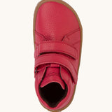 A top down image of a Froddo barefoot Autumn children's shoe in dark red available at Babipur showing the 2 velcro fastener for a secure fit and insole detail.