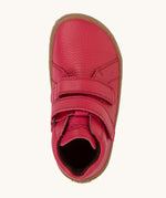 A top down image of a Froddo barefoot Autumn children's shoe in dark red available at Babipur showing the 2 velcro fastener for a secure fit and insole detail.