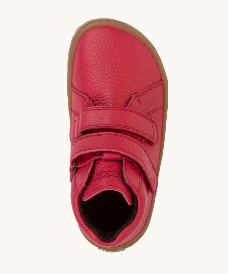 A top down image of a Froddo barefoot Autumn children's shoe in dark red available at Babipur showing the 2 velcro fastener for a secure fit and insole detail.