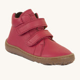 Froddo barefoot Autumn children's shoe in dark red. A natural leather shoe with a 2 velcro fastener for a secure fit, padded ankle and a dark brown grippy sole