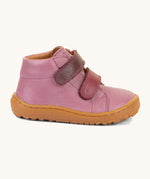 A side image of the Froddo barefoot first step baby shoe in pink available at Babipur. Showing the velcro fasteners and padded ankle detail