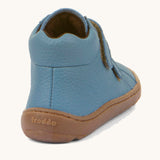 The back of a Froddo barefoot Autumn children's shoe in light blue denim colour available at Babipur showing the padded ankle support and the dark brown grippy sole detail