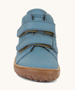 The front of the Froddo barefoot Autumn children's shoe in light blue denim colour available at Babipur showing the 2 velcro fastener detail