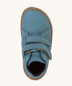 A top down image of a Froddo barefoot Autumn children's shoe in light blue denim colour available at Babipur showing the 2 velcro fastener for a secure fit and insole detail.