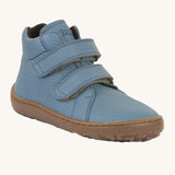 Froddo barefoot Autumn children's shoe in jeans. A light blue natural leather shoe with a 2 velcro fastener for a secure fit, padded ankle and a dark brown grippy sole