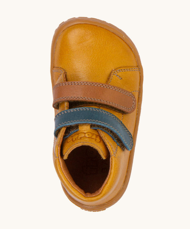A top down image of the Froddo barefoot first step baby shoe in msutard available at Babipur showing the 2 velcro fasteners and inner sole detail