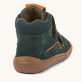 The back of the  Froddo barefoot Tex Autumn children's shoe in petroleum available at Babipur. A dark turquoise shoe showing the padded ankle support and the brown grippy sole detail