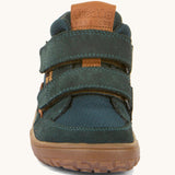 The front of the  Froddo barefoot Tex Autumn children's shoe in petroleum available at Babipur. A dark turquoise shoe showing 2 velcro fasteners on the front and the brown grippy sole detail