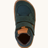 A top down image of the The front of the  Froddo barefoot Tex Autumn children's shoe in petroleum available at Babipur. A dark turquoise shoe showing 2 velcro fasteners on the front and insole detail
