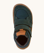 A top down image of the The front of the  Froddo barefoot Tex Autumn children's shoe in petroleum available at Babipur. A dark turquoise shoe showing 2 velcro fasteners on the front and insole detail