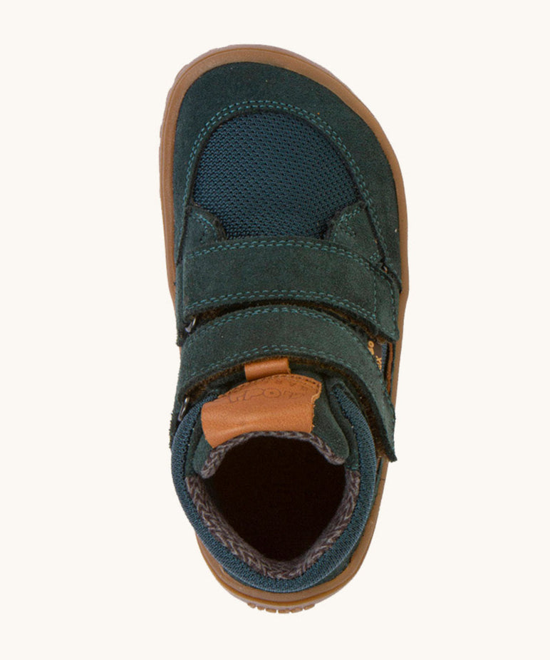 A top down image of the The front of the  Froddo barefoot Tex Autumn children's shoe in petroleum available at Babipur. A dark turquoise shoe showing 2 velcro fasteners on the front and insole detail