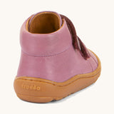 The back of the Froddo barefoot first step baby shoe in pink available at Babipur. Showing the padded ankle support detail