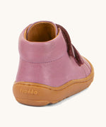 The back of the Froddo barefoot first step baby shoe in pink available at Babipur. Showing the padded ankle support detail