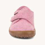The front of the Froddo barefoot wooly children's shoe in pink available at Babipur showing the velcro fastener and brown grippy sole detail