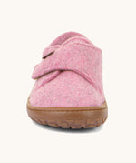 The front of the Froddo barefoot wooly children's shoe in pink available at Babipur showing the velcro fastener and brown grippy sole detail