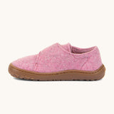 A side image of the Froddo barefoot wooly children's shoe in pink available at Babipur showing the velcro fastener for a secure fit and a dark brown grippy sole