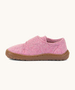 A side image of the Froddo barefoot wooly children's shoe in pink available at Babipur showing the velcro fastener for a secure fit and a dark brown grippy sole