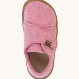 A top down image of the Froddo barefoot wooly children's shoe in pink available at Babipur showing the velcro fastener and insole detail